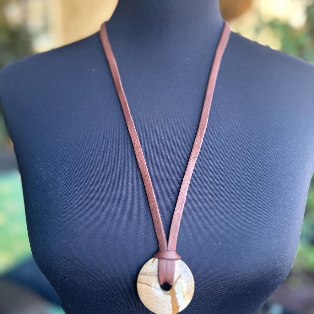 Brown Leather Necklace with Stone Pendant